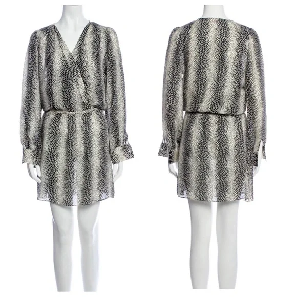 parker long sleeve silk dress Parker Long Sleeve Silk Dotted Animal Print Wrap Mini Dress Black White  Small